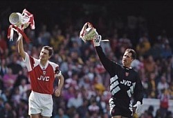 Arsenal Captain Tony Adams and goalkeeper David Seaman with the Fa Cup and League Cup Double